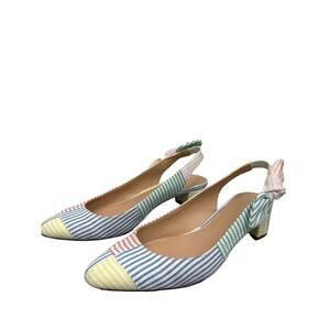 J. Crew Fabric Slingback Bow Block Heel Blue Yellow Stripped Size 6.5